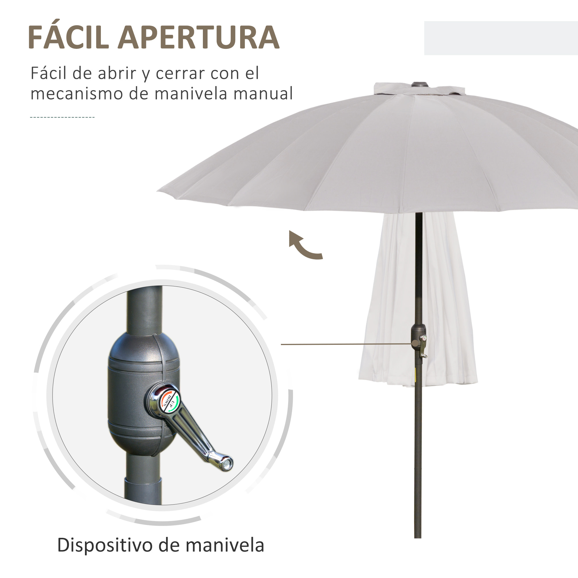 Sombrilla de Jardín Ø250x240 cm con Manivela Parasol Exterior con Mecanismo de Inclinación y Poste Desmontable de Metal para Terraza Piscina Patio Gris Claro