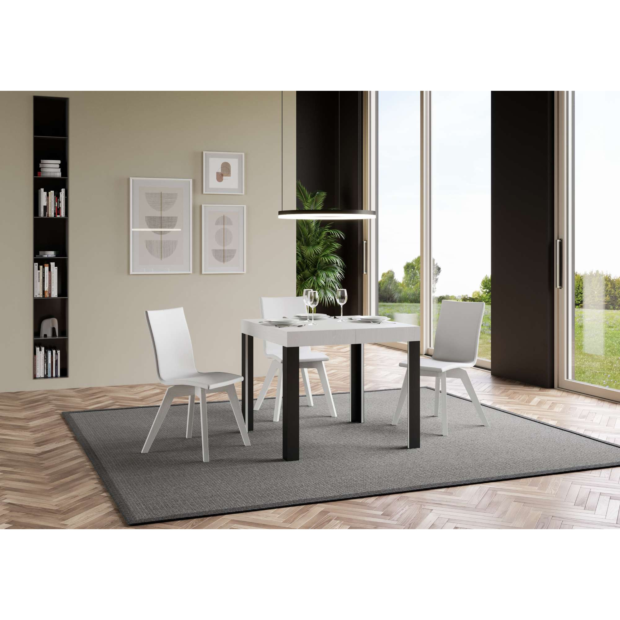 Table Linea Extensible Dessus Frêne Blanc 90x90 Allongée 246 cadre Anthracite