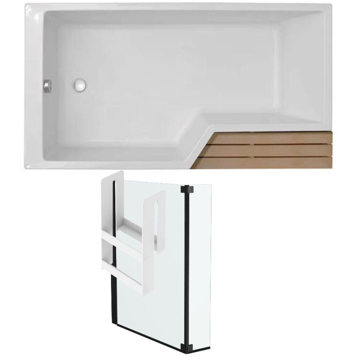 Pack baignoire bain douche antidérapante 160 x 90 Neo blanc mat - v.gauche + pare bain noir mat