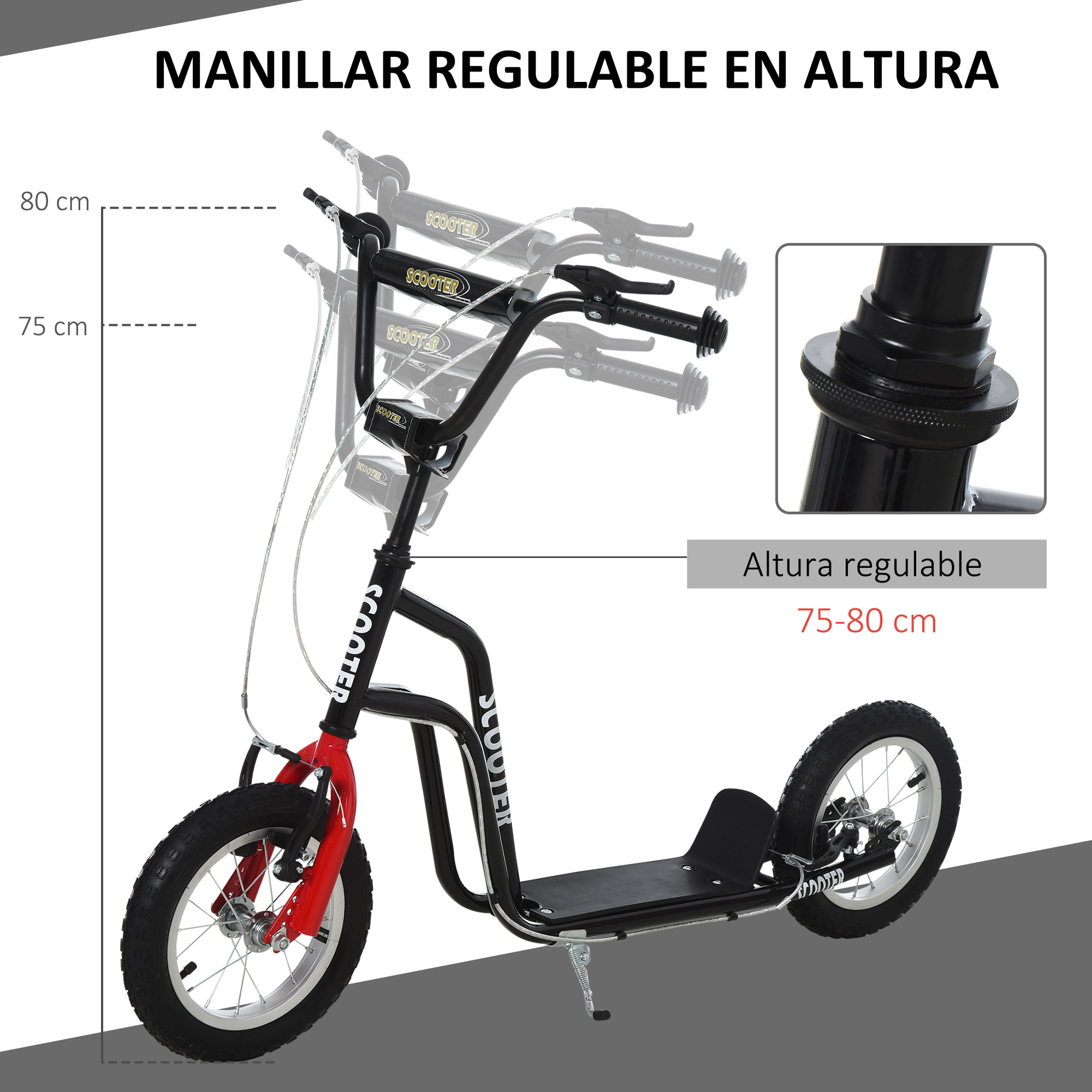 Patinete para Niños de +5 Años Patinete Infantil con Manillar Ajustable en Altura Doble Freno y Estructura de Acero Carga 100 kg para Adolescentes 120x58x75-80 cm Negro