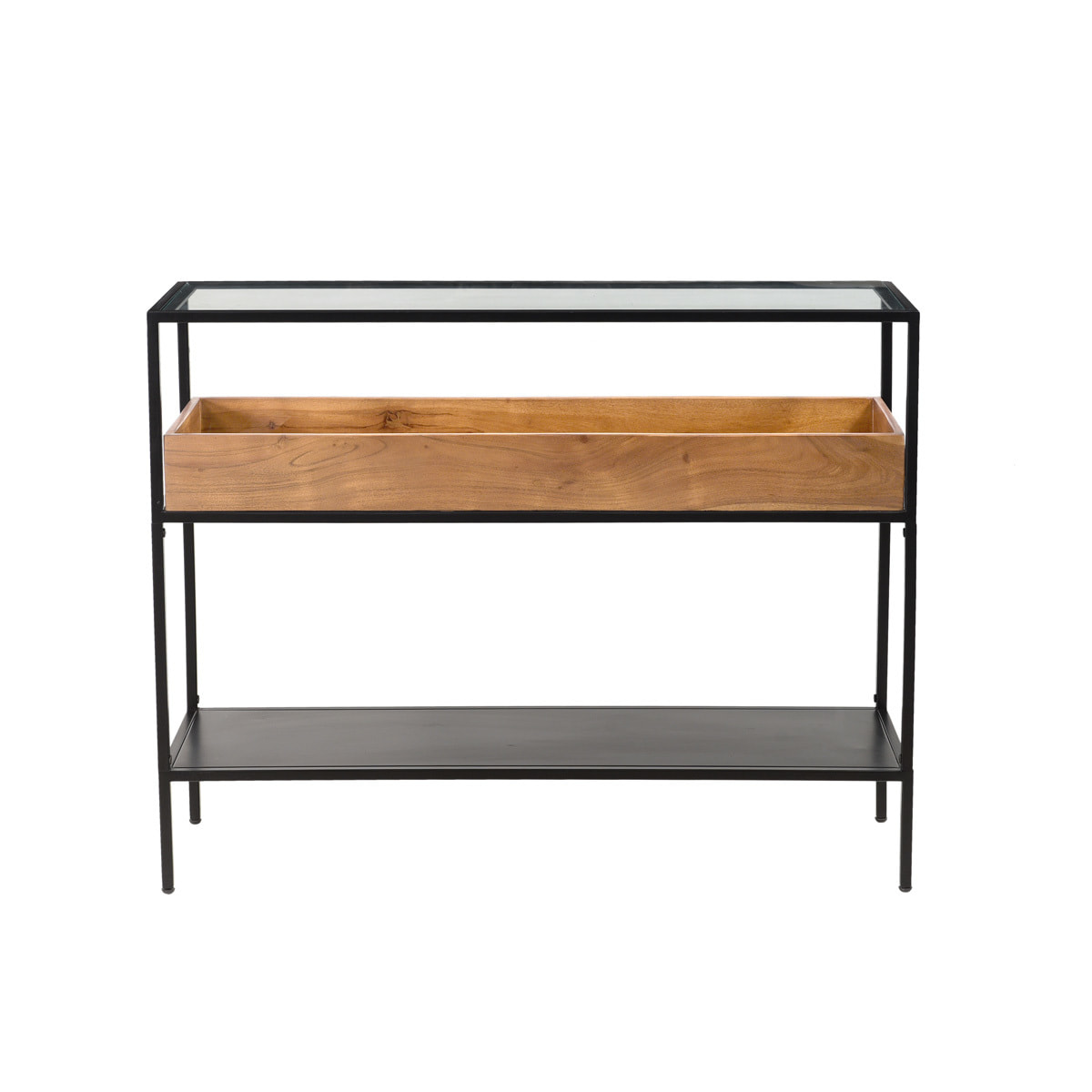 Console avec plateau en verre, rangement en bois massif et métal noir L100 cm HAORA