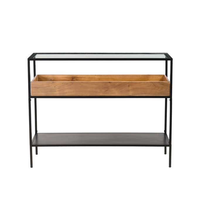 Console avec plateau en verre, rangement en bois massif et métal noir L100 cm HAORA