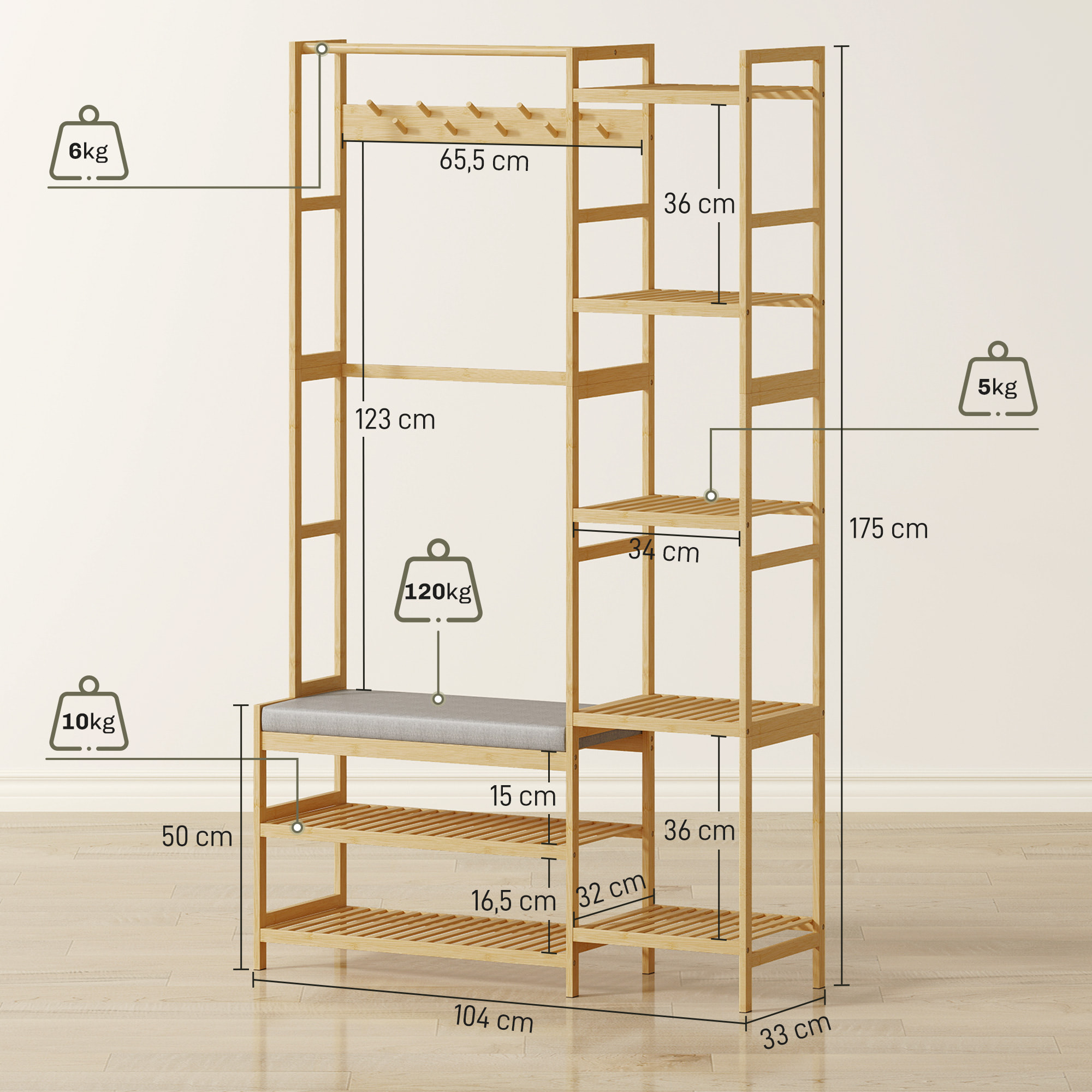 Vestiaire d'entrée style naturel bois bambou 5 + 2 étagères 10 patères barre penderie banc