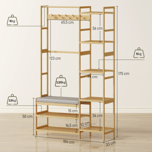 Vestiaire d'entrée style naturel bois bambou 5 + 2 étagères 10 patères barre penderie banc