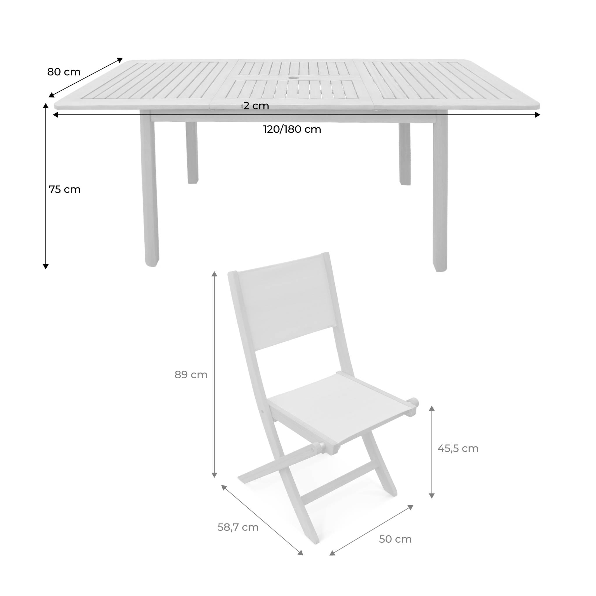 Table de jardin extensible bois d'eucalyptus + 6 assises ARBO + ALMERIA