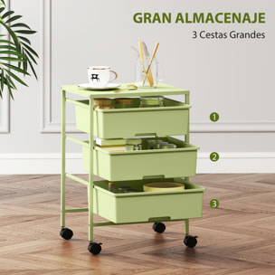 Carrito de Almacenamiento de 4 Niveles, Carrito de Cocina con Ruedas, 3 Cestas, Tablero y Marco de Acero, para Salón, Baño, Oficina, 40,8x33,5x60,5 cm, Verde