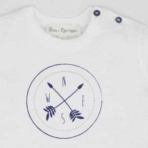 CAMISETA BOTONES AZULES ESTAMPADO BRÚJULA BLANCA