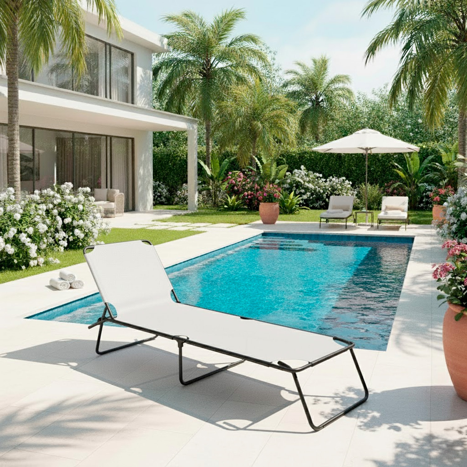 Lettino Pieghevole Prendisole Senza Tettuccio Parasole Schienale Reclinabile Regolabile Struttura In Metallo Nero Sedia Sdraio 187 x 53 x 24 Cm (Gray)