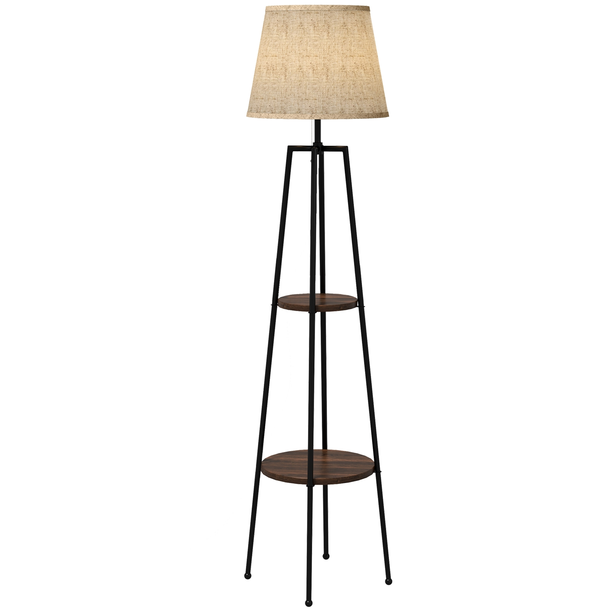 Lampadaire design contemporain 2 étagères intégrées 40 W 166H cm métal noir MDF aspect bois de noyer tissu beige