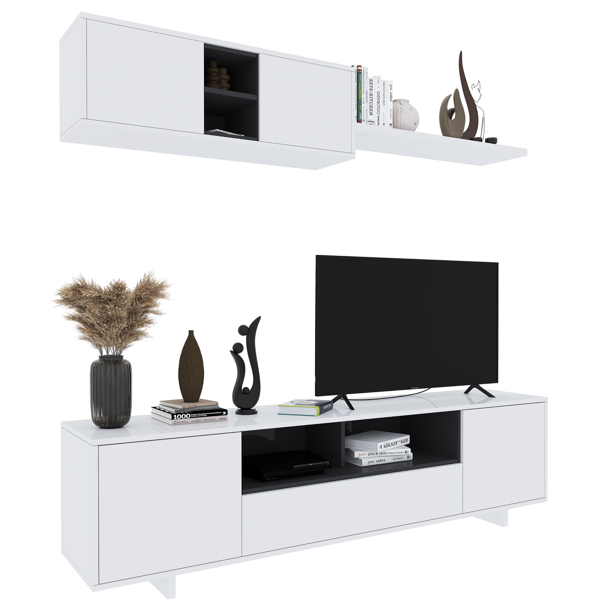 Parete Attrezzata Mobile Swiss Mobile Soggiorno TV Mensola Modulo Sospeso Salotto Legno Base Televisione Sala da Pranzo Design 200 x 41 x 46 cm Bianco