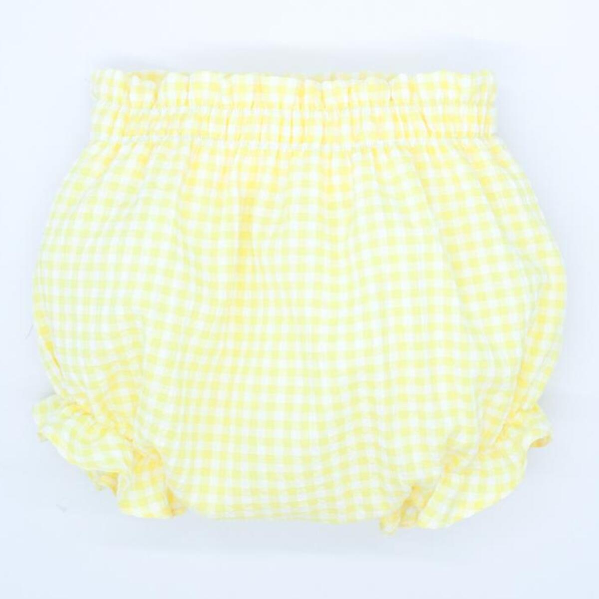 Ranita de cuadro vichy amarillo, goma en cintura y en las piernas.