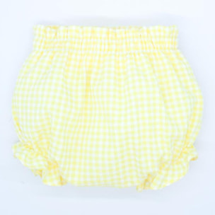 Ranita de cuadro vichy amarillo, goma en cintura y en las piernas.