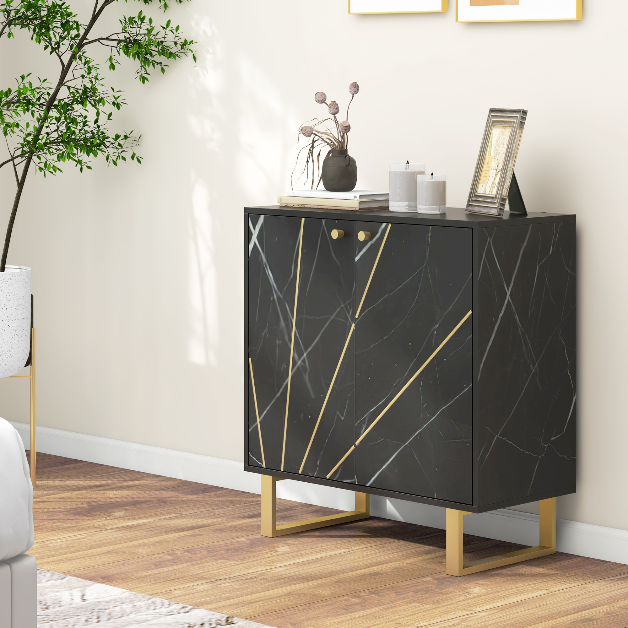 Buffet design - 2 portes, étagère - dim. 76L x 35l x 77H cm - métal doré aspect marbre noir