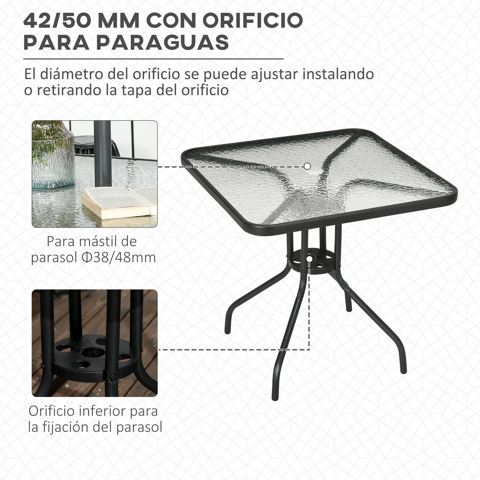 Mesa de Jardín Cuadrada Mesa de Comedor Exterior 76x76x72 cm con Agujero para Sombrilla y Encimera de Vidrio Templado para Patio Terraza Negro