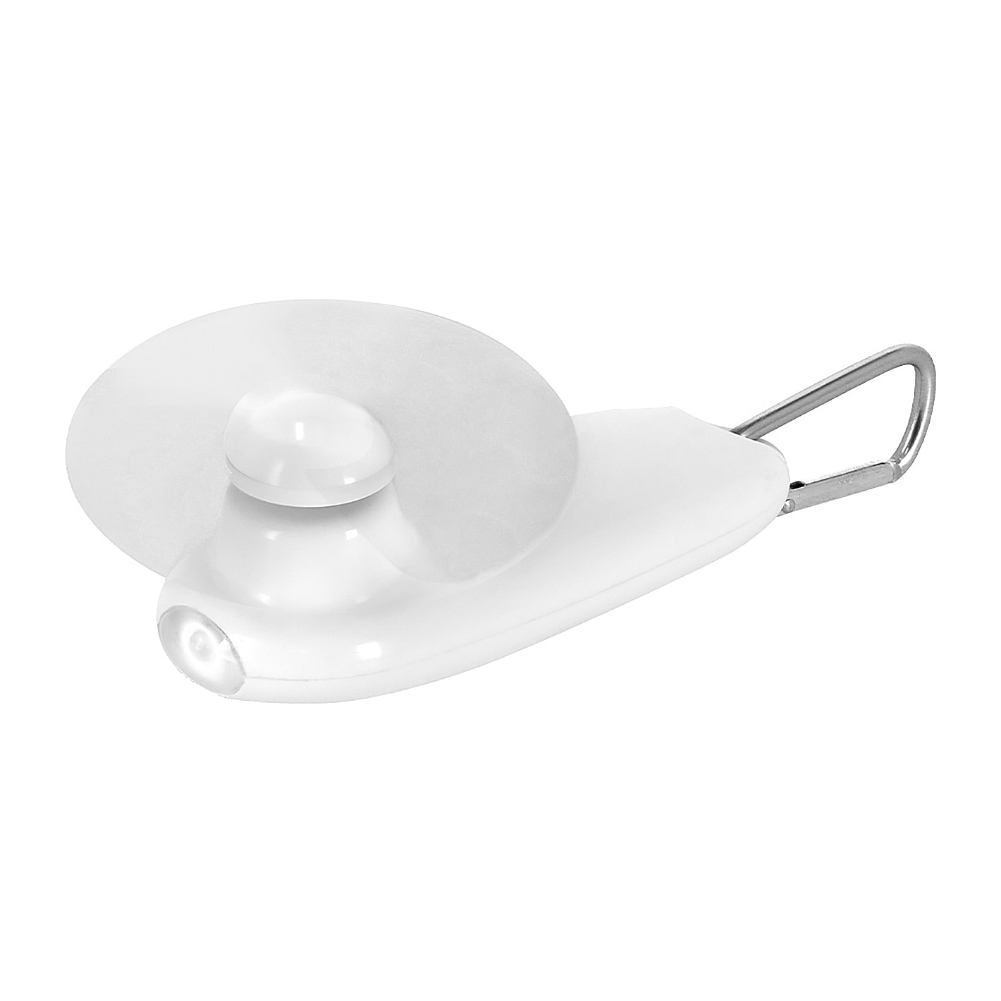 Ventilador portátil con linterna LED integrada y mosquetón para transporte.