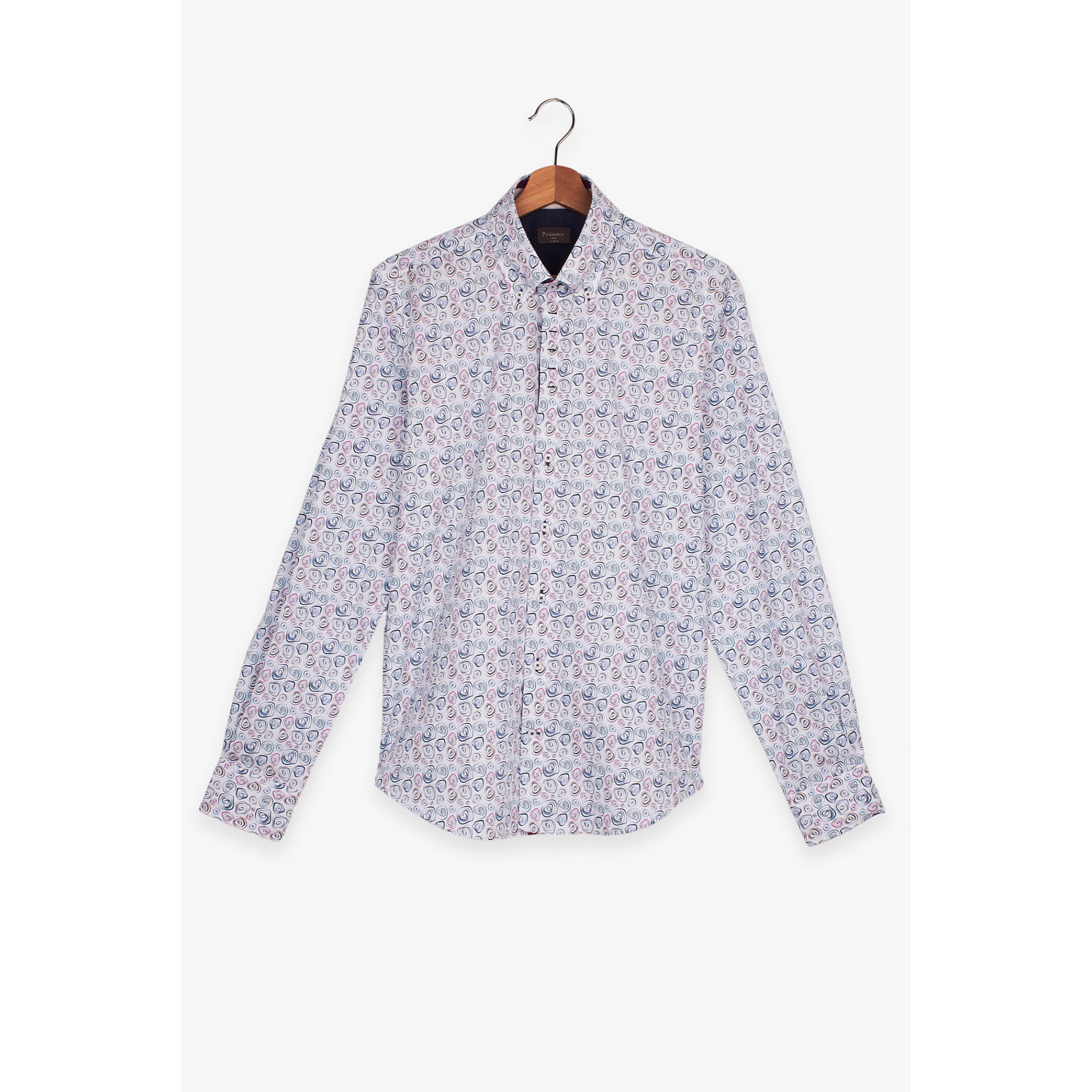 Camicia Uomo 2 Bottoni Button Down Slim Popeline Stampato Bianco e Blu