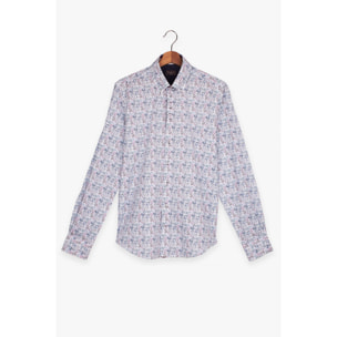 Camicia Uomo 2 Bottoni Button Down Slim Popeline Stampato Bianco e Blu