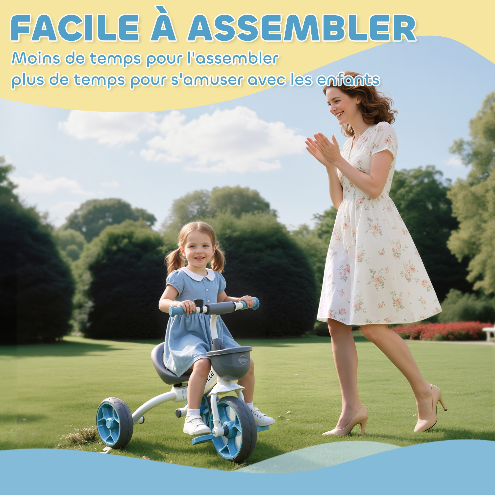 Tricycle enfant multi-équipé garde-boue avant sonnette pédales antidérapantes selle avec dossier bleu blanc gris