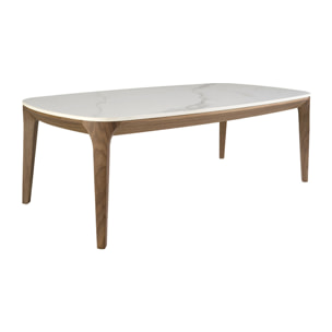 Mesa centro ovalada barril con tapa de mármol porcelánico blanco con vetas en gris brillo y unas patas de madera chapada en nogal natural 119x65x41cm