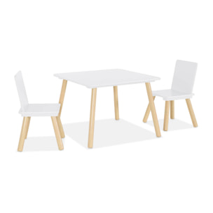 Table carrée enfant avec 2 chaises. pieds en pin. blanc