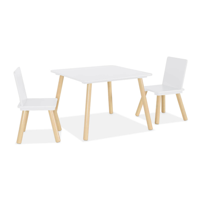 Table carrée enfant avec 2 chaises. pieds en pin. blanc