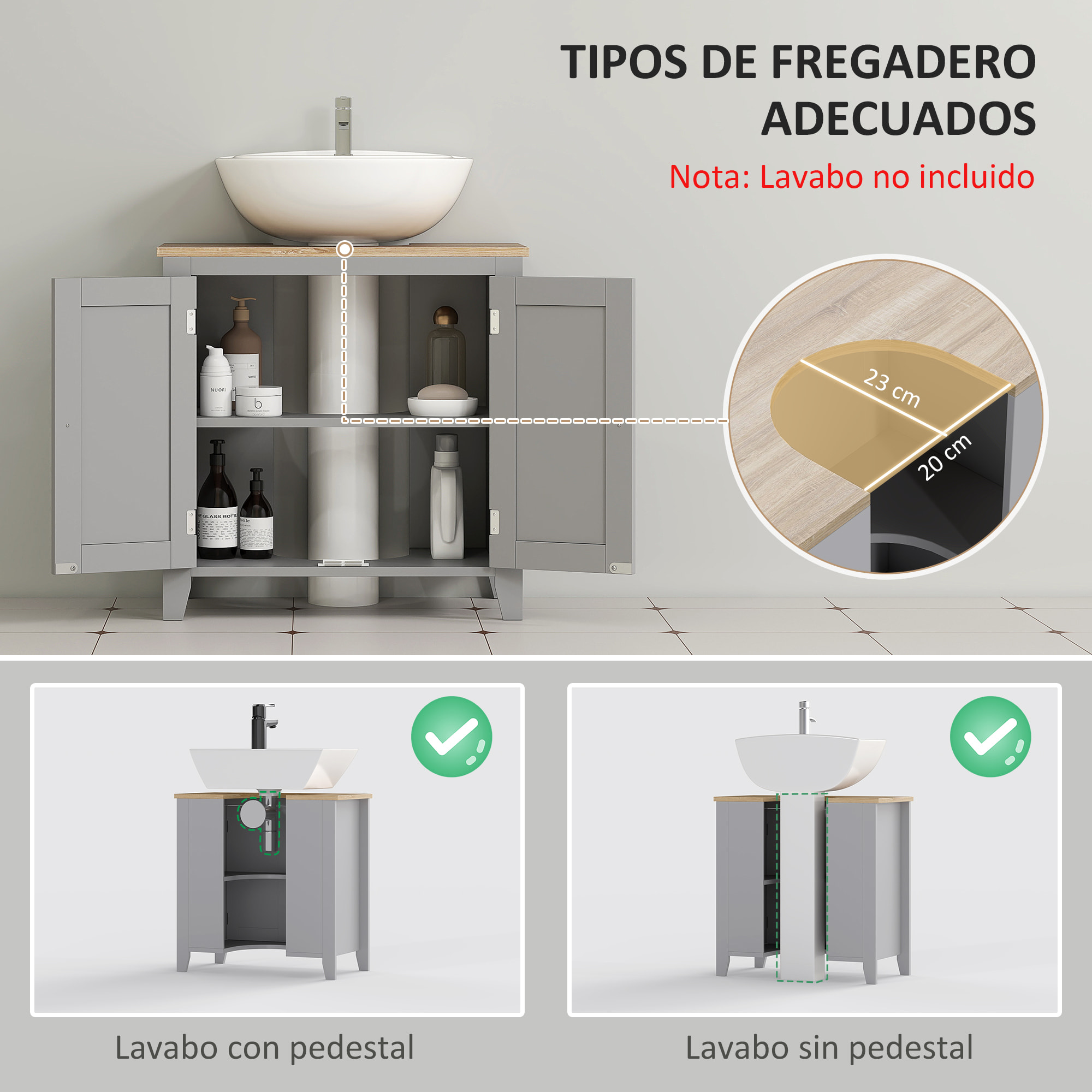 Mueble bajo Lavabo Mueble de Baño con 2 Puertas y Estante Ajustable Armario de Baño para Lavabo con o sin Pedestal Estilo Moderno 60x30x60 cm Gris