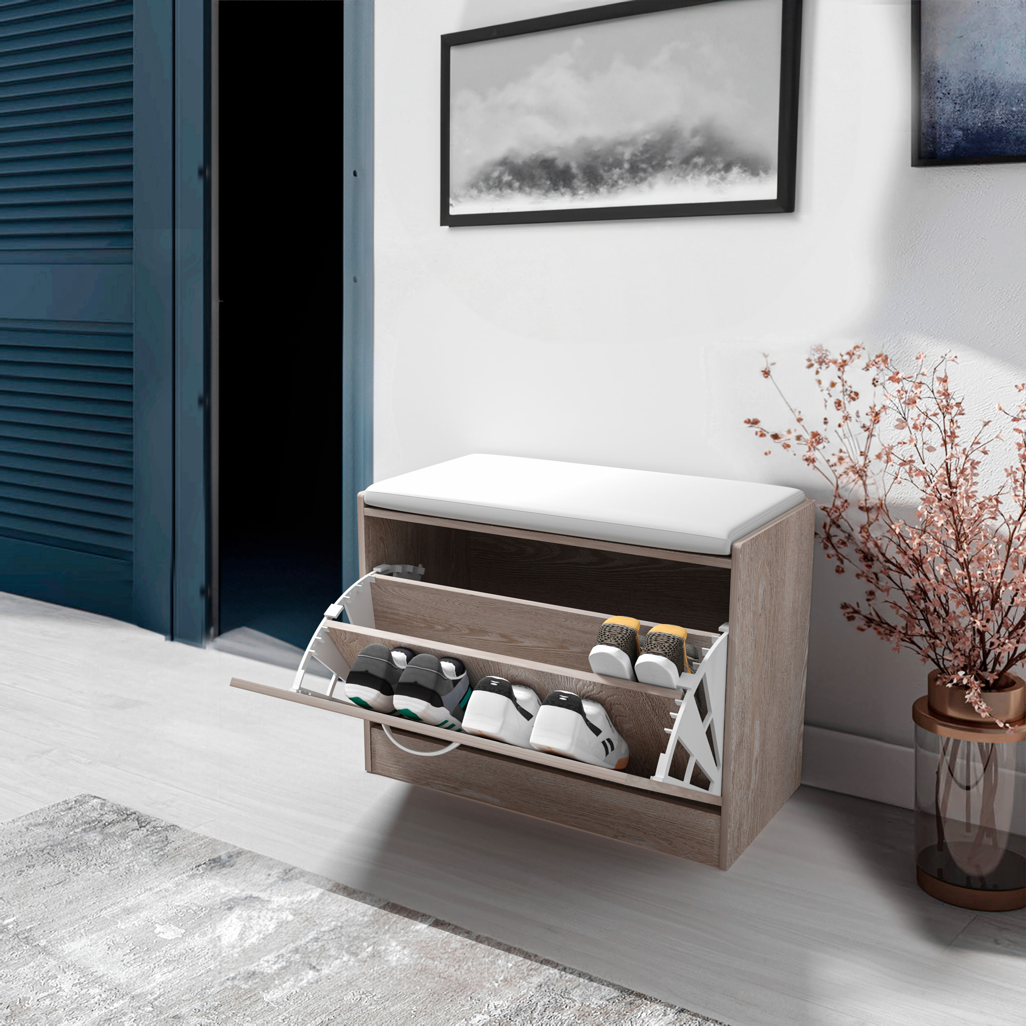 Panca Scarpiera Da Ingresso Salvaspazio Cuscino Anta Ribalta Seduta Imbottita In Ecopelle Soggiorno Casa Camera Ufficio 60 x 30 x 48 Cm Rovere