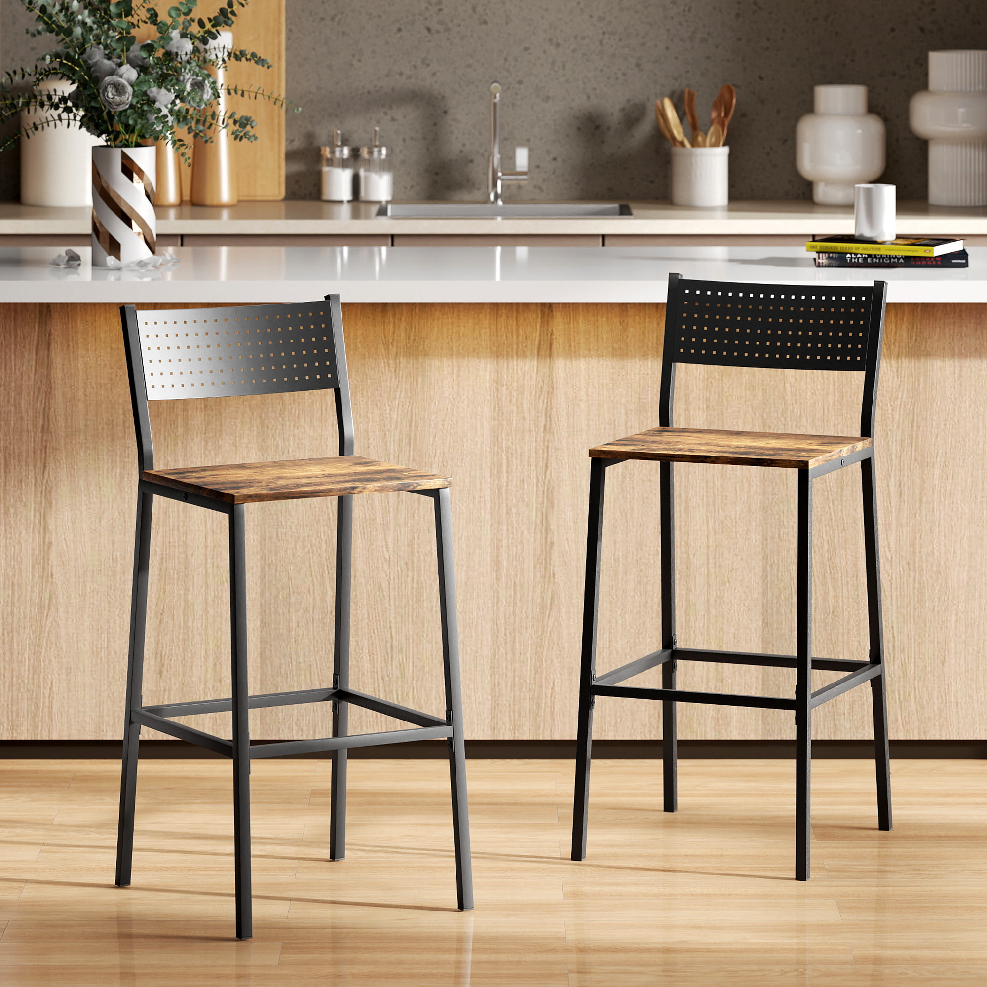 Lot de 2 tabourets de bar style industriel métal noir effet bois vieilli