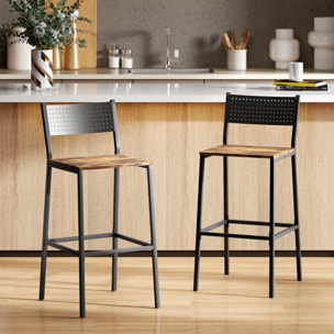 Lot de 2 tabourets de bar style industriel métal noir effet bois vieilli