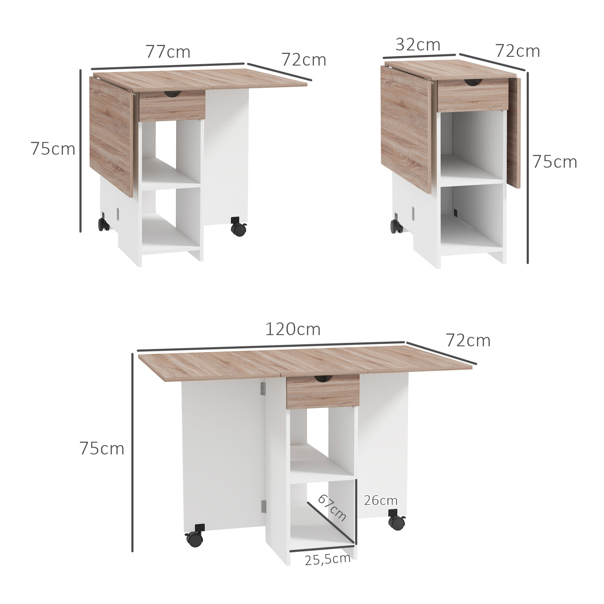 Mesa Plegable de Comedor Mesa de Cocina Plegable con Ruedas Alas Abatibles Cajón y Estantes Mesa Plegable para 2-4 Personas 120x72x75 cm Roble y Blanco