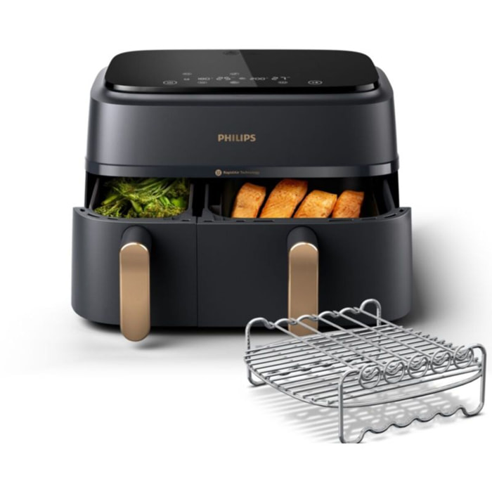 Friteuse sans huile PHILIPS NA352/04 Friteuse sans huile double panier Noir/Doré, Série 3000 9L (3+6L) avec accessoire