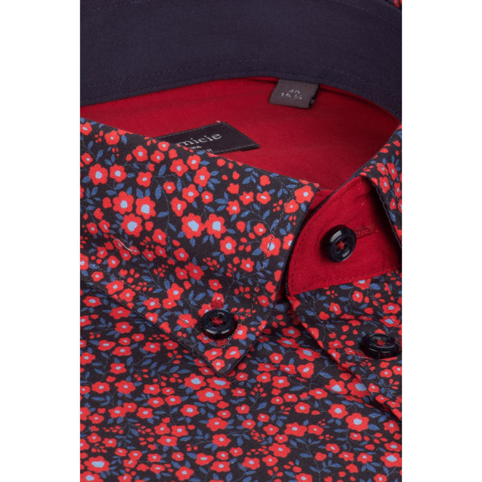 Camicia Uomo 1 Bottoni Button Down Slim Popeline Stampato Rosso/Blu