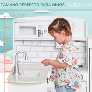 Cocina de Juguete de Madera para Niños de +3 Años con 14 Accesorios Separable Cocinita Infantil con Sonido Nevera Microondas Fregadero Campana 86x64x84,5 cm Blanco