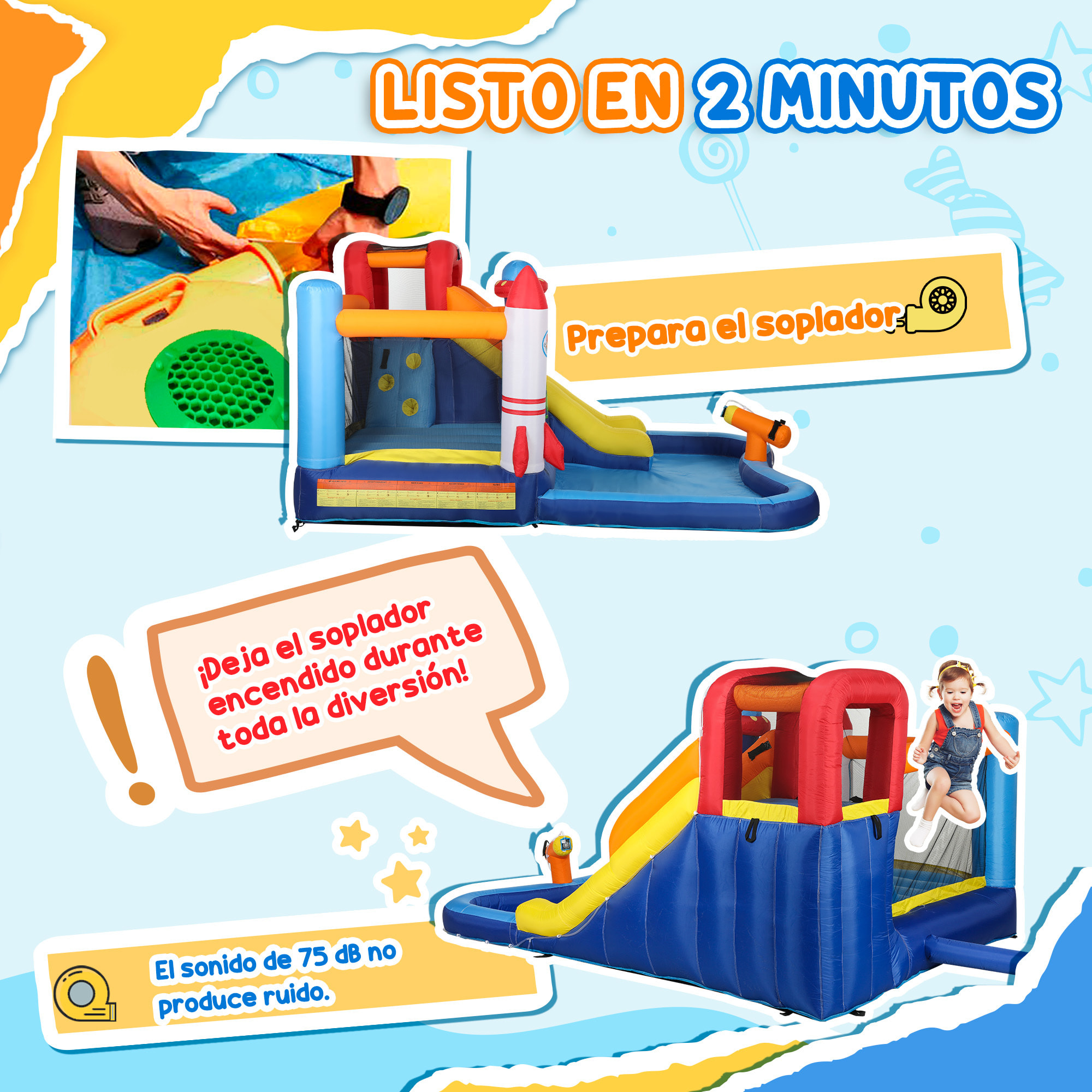 Castillo Hinchable con Soplador 5 en 1 Parque Acuático Hinchable para Niños con Tobogán Piscina de Chapoteo Escalada y Cañón de Agua para Exterior Interior 360x250x195 cm