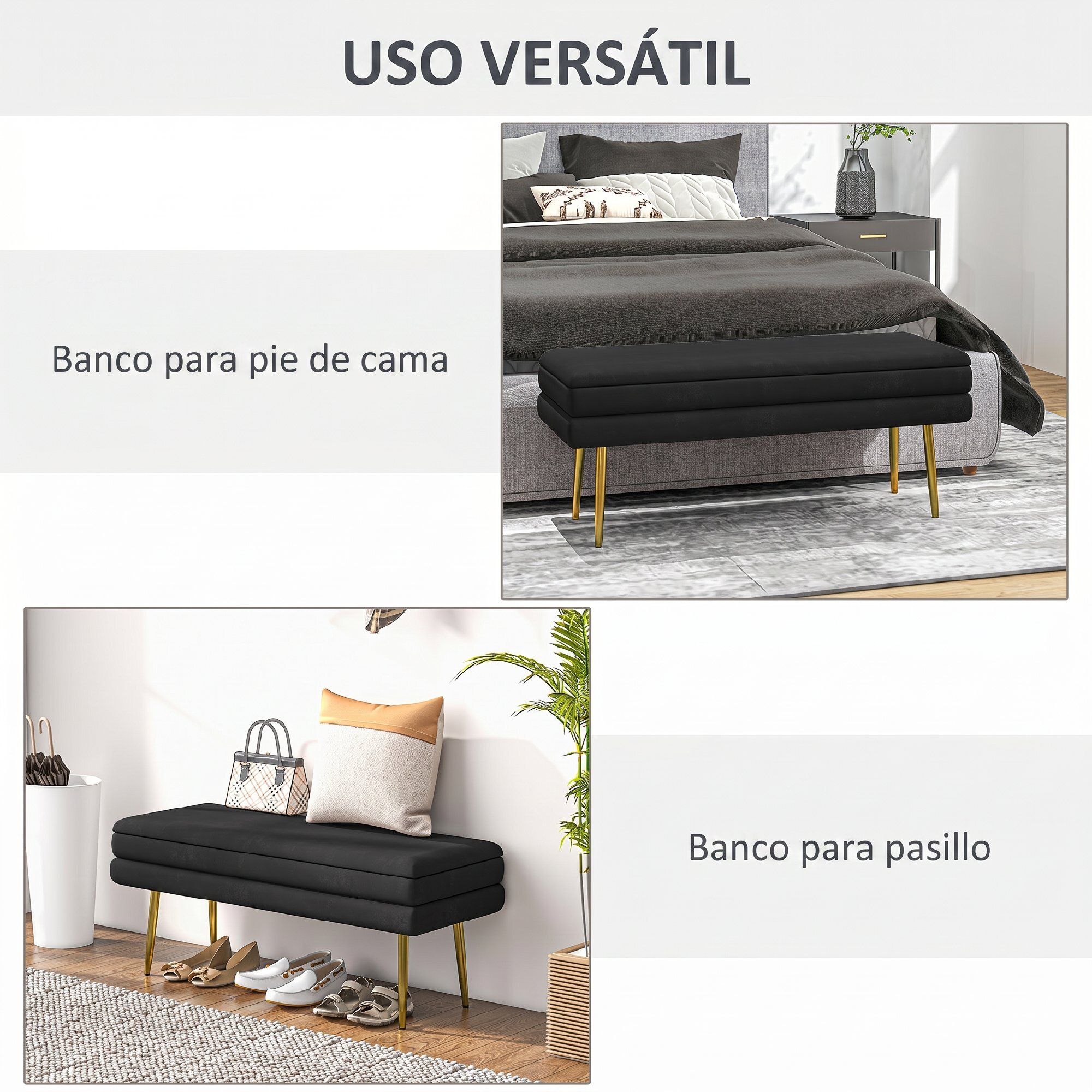 Puff Almacenaje 39L, Banco Almacenaje con Tapa Abatible y Patas de Acero, Tapizado en Terciopelo, Pie de Cama, para Dormitorio, Salón, Entrada, Carga 120 kg, 100x37,5x42 cm, Negro