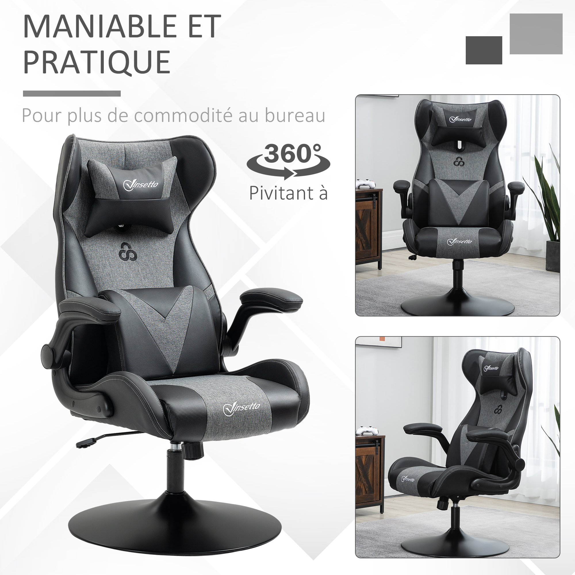 Fauteuil gaming base ronde métal pivotante 360° hauteur réglable tétière coussin lombaires accoudoirs relevables PU tissu gris noir