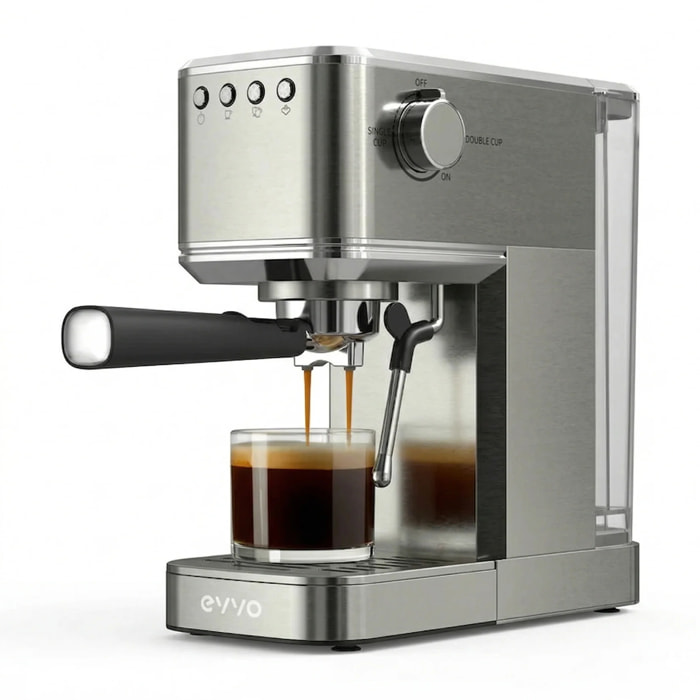 EVVO Cafetera Express Intensa 20. cuerpo de acero. 20 bares de presion. Espressos y Capuccinos. 1350W. Doble salida. portafiltros. Depósito de 1.5 l