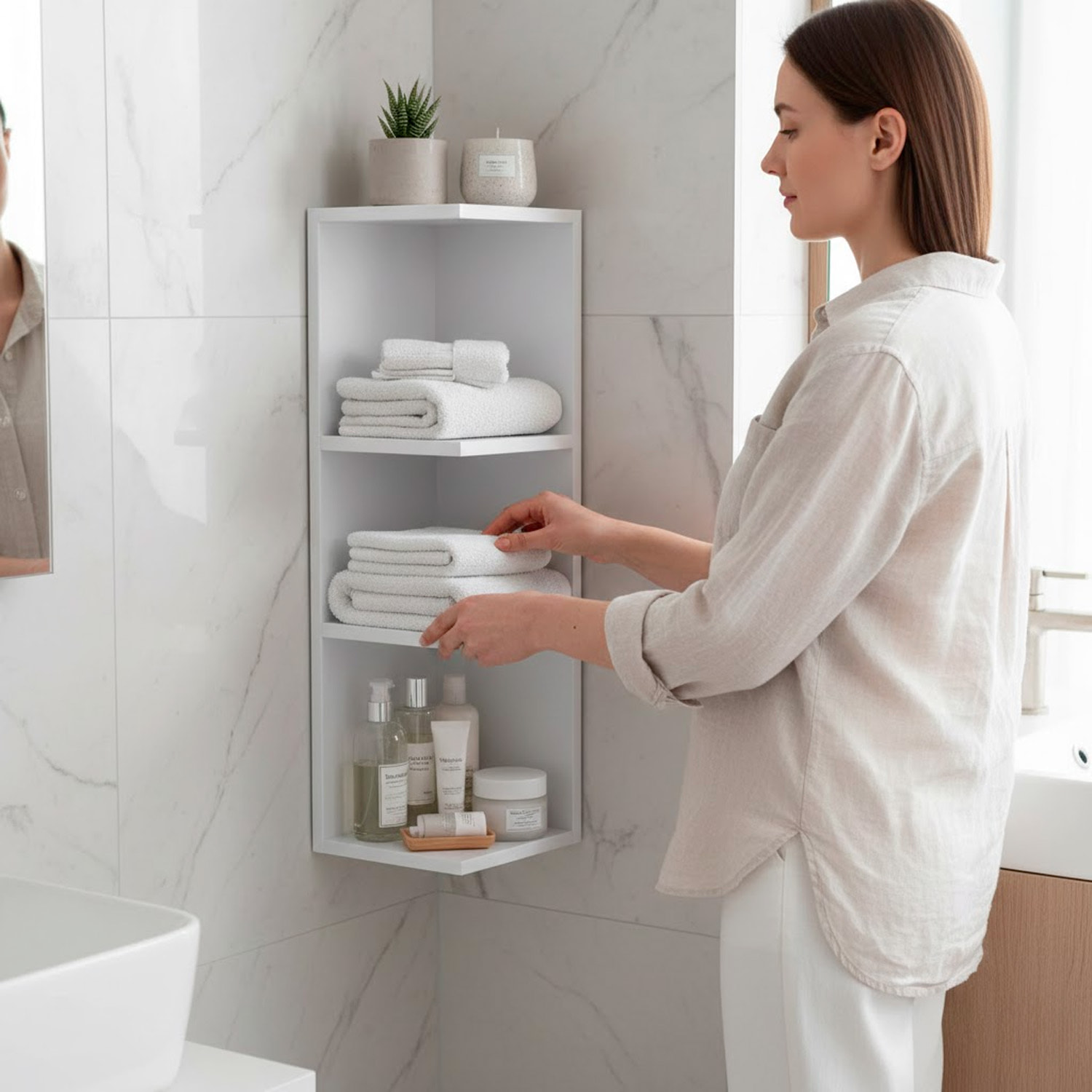 Modulo Angolare Bagno Sospeso Con 3 Ripiani Mobile Salvaspazio Mobiletto Da Parete Per Organizzare Accessori 65 x 20 x 19.5 Cm Bianco Lucido