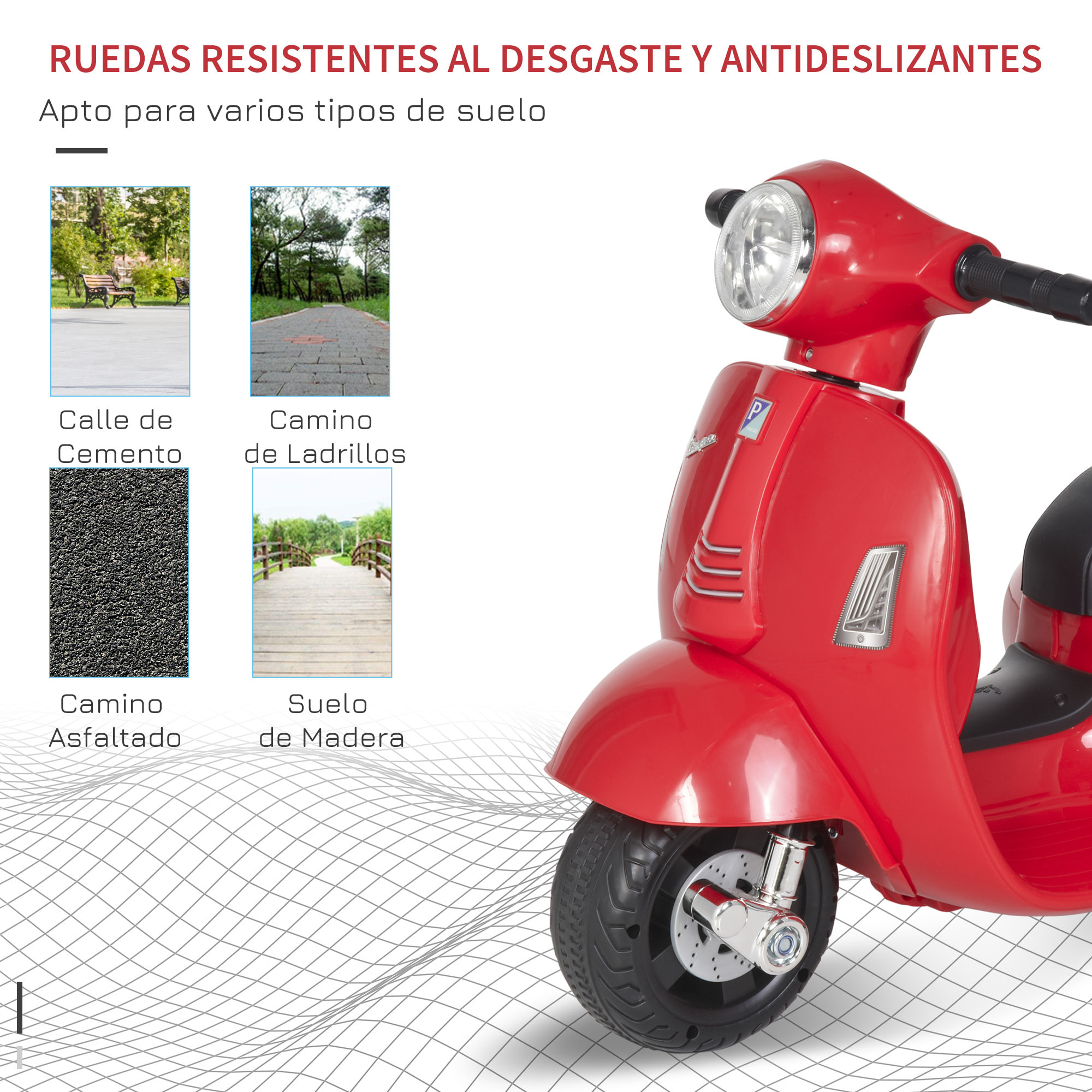 Moto Eléctrica Vespa para Niños 18-36 Meses con Faro Bocina y 4 Ruedas Rojo