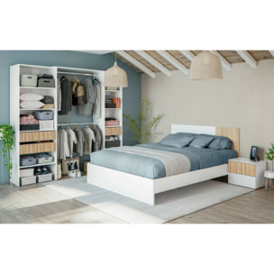 Testiera letto Yuma, Testata letto con 2 comodini, Set per camera da letto, 266x34h89 cm, Bianco e Rovere