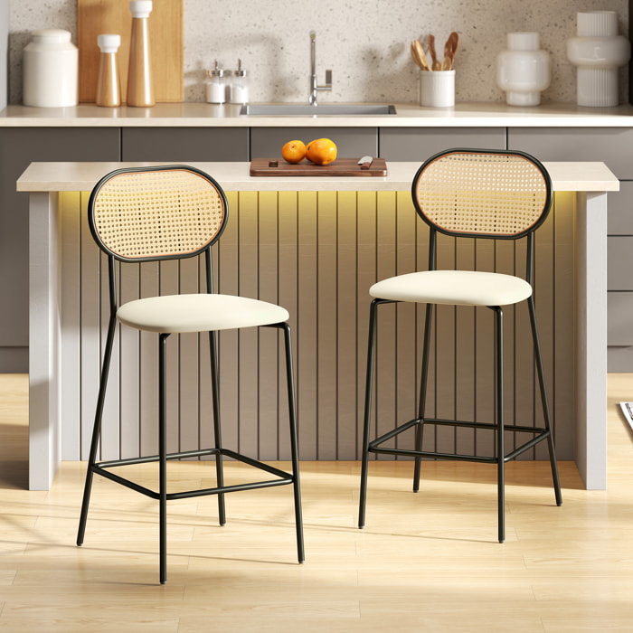 Juego de 2 Taburetes de Bar Taburetes Altos de Cocina con Respaldo de Ratán Asiento de PU Marco de Acero y Reposapiés para Comedor Mostrador 45x50x97 cm Beige