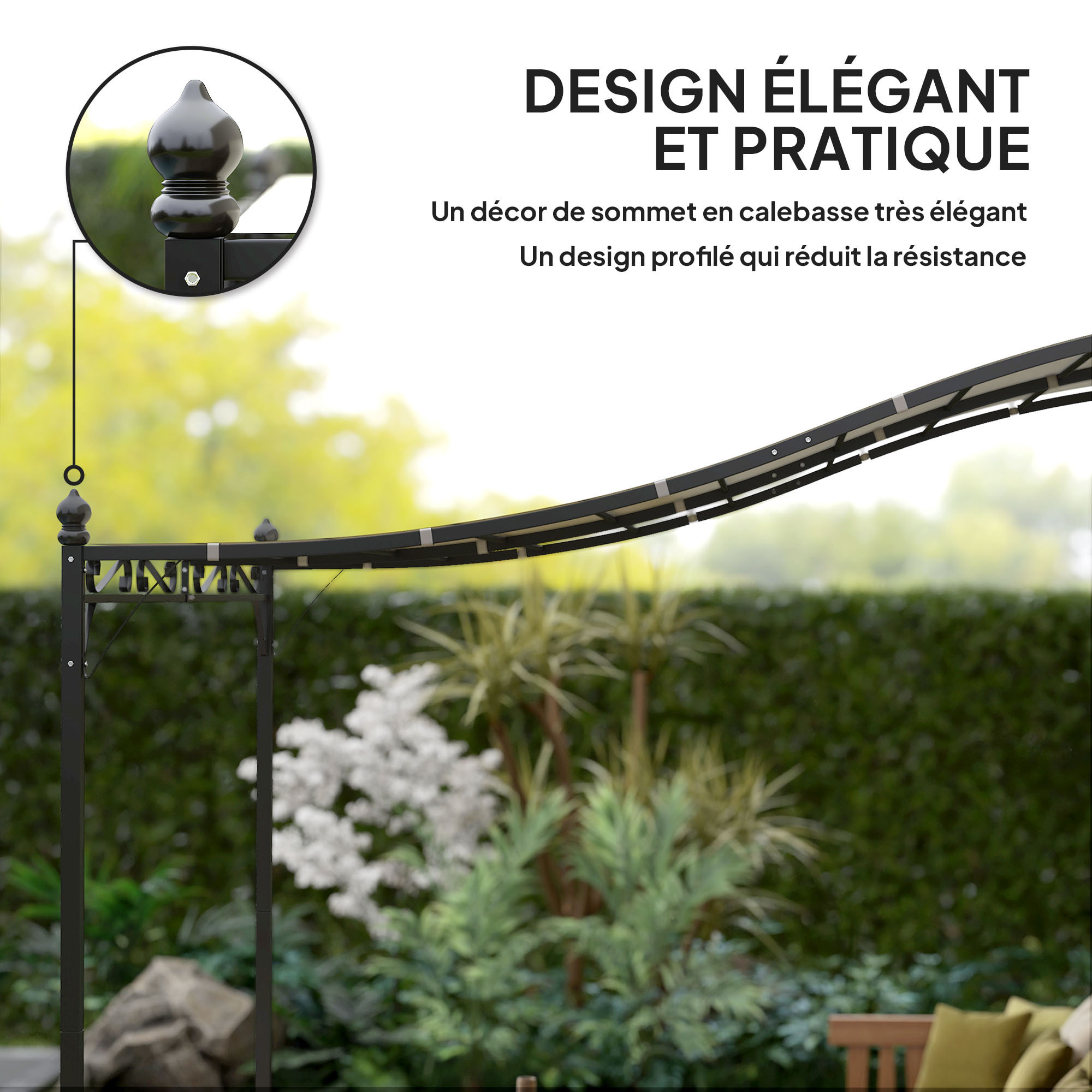Pergola tonnelle de jardin auvent 3 x 2,5 m adossable métal noir polyester blanc cassé