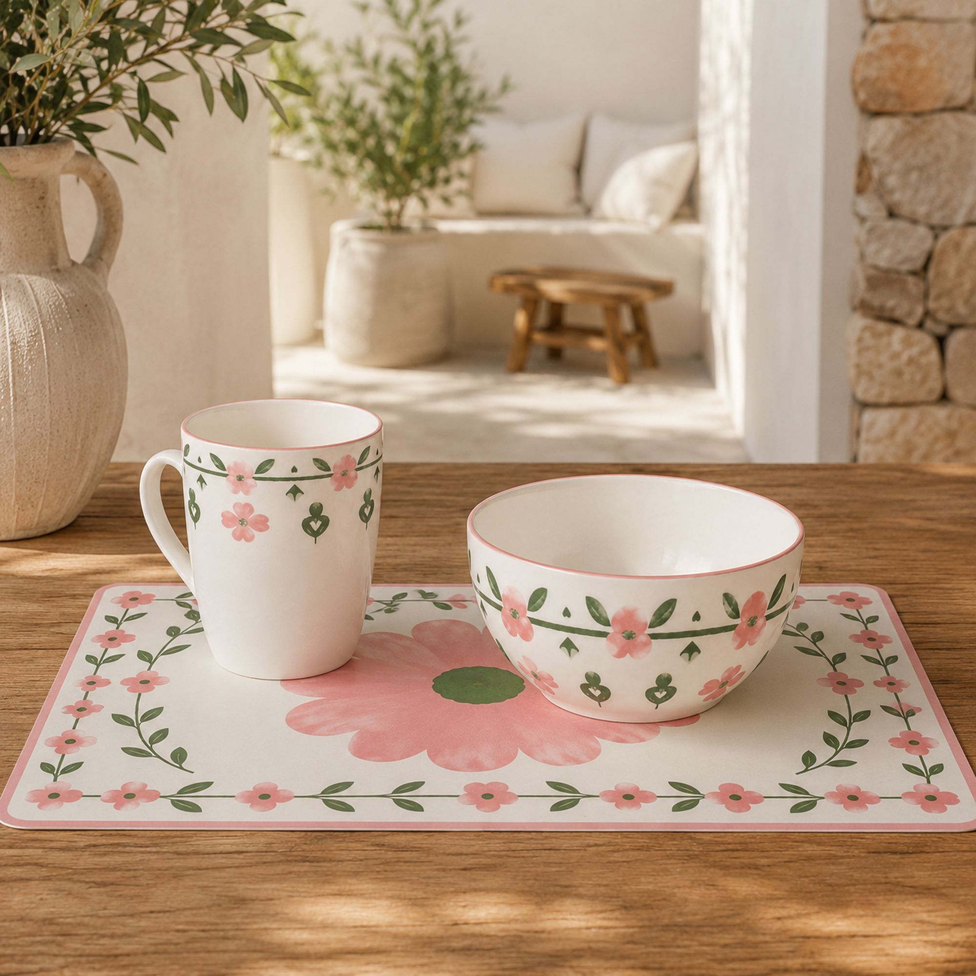 Lot de 6 bols 60cl en porcelaine blanc et rose floral PRIMAVERA