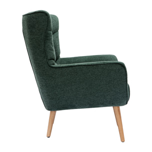 Fauteuil scandinave tissu effet velours texturé vert foncé et bois clair AVERY