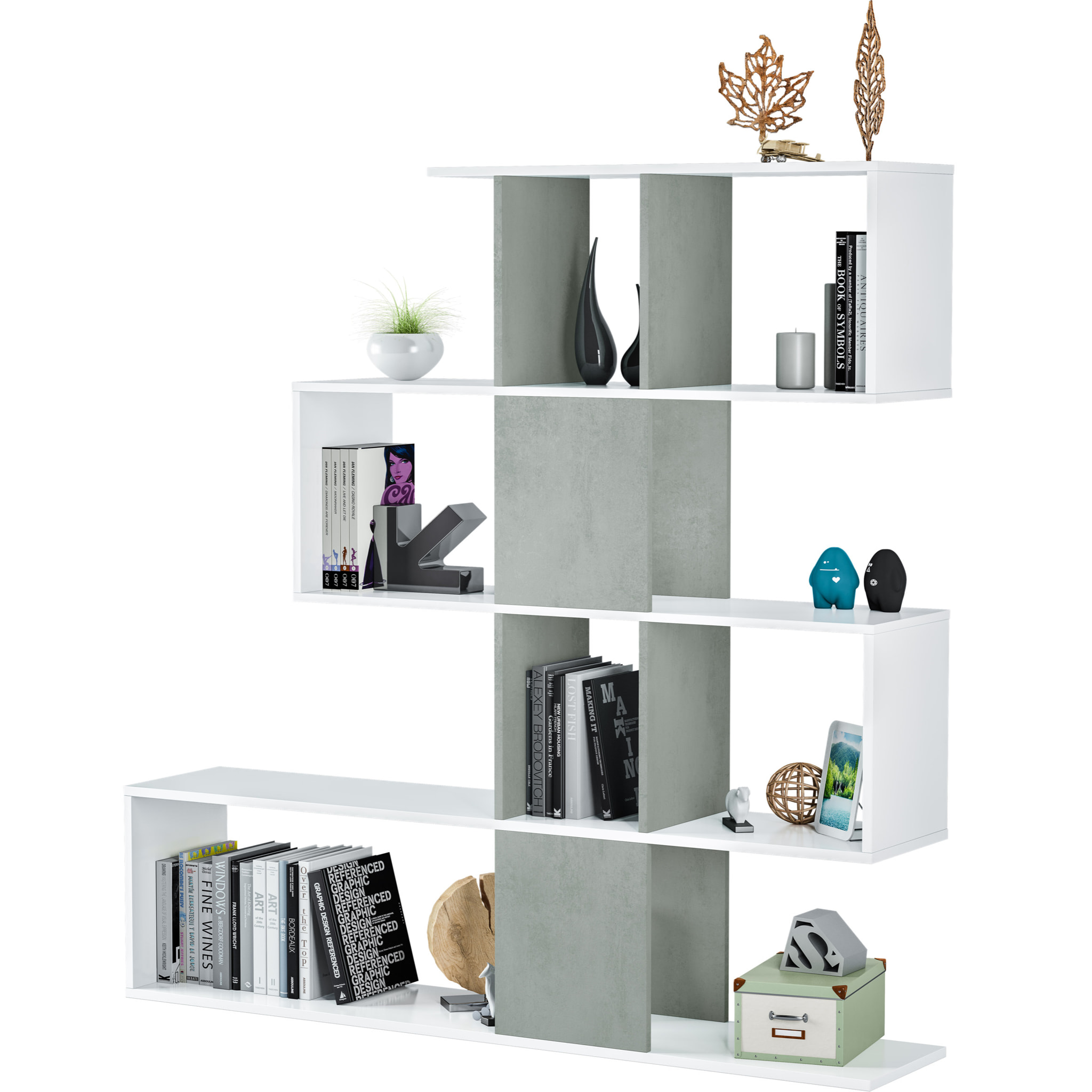 Libreria Elche Design Zig Zag Scaffale Mensola Moderna Mobile per Libri con Ripiani per Soggiorno Salotto 145 x 145 x 29 cm Bianco e Grigio Cemento
