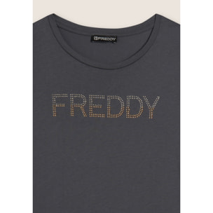 T-shirt donna con logo in strass bicolori