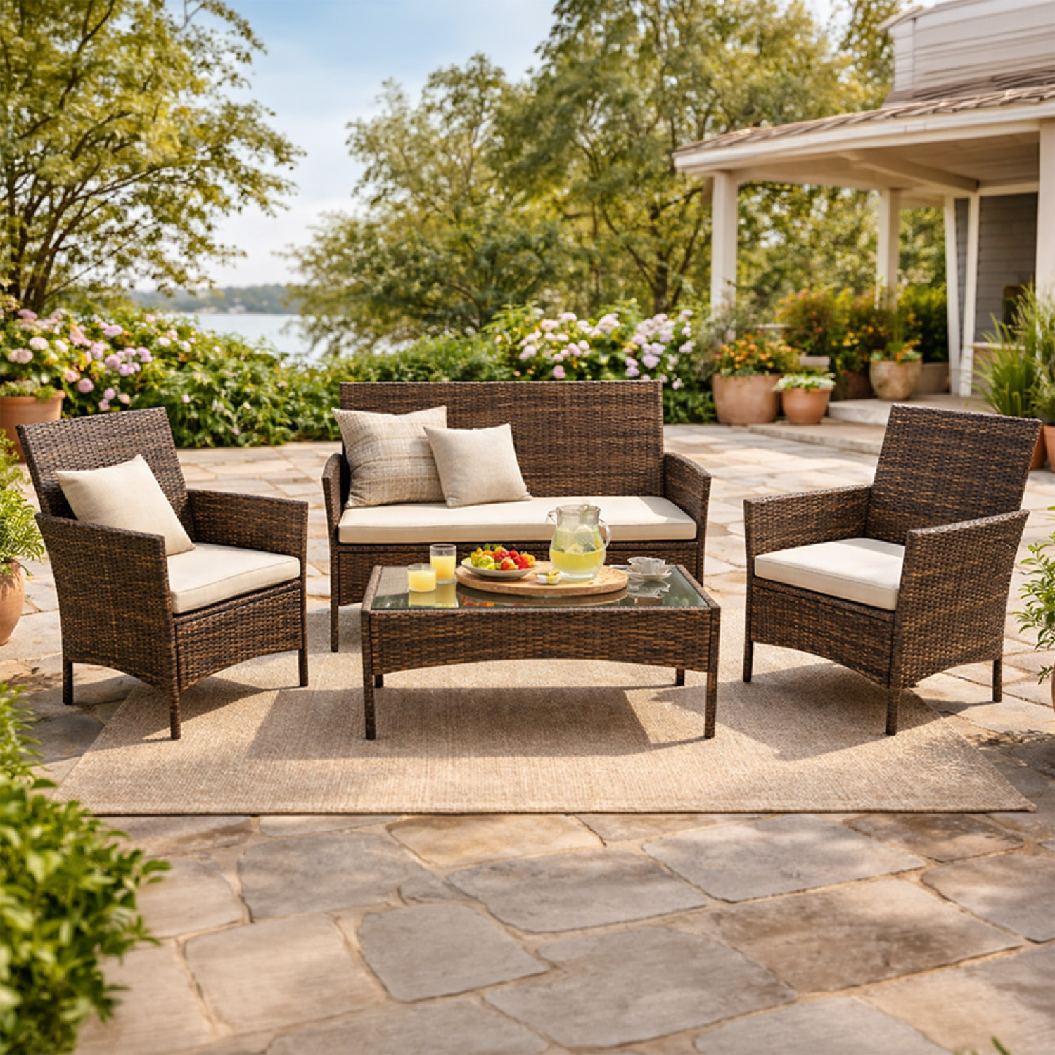 SALOU Ensemble de jardin 4 places en résine tressée marron et coussins beige