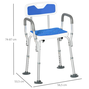 Chaise de douche siège de douche ergonomique hauteur réglable pieds antidérapants charge max. 136 Kg alu HDPE blanc bleu