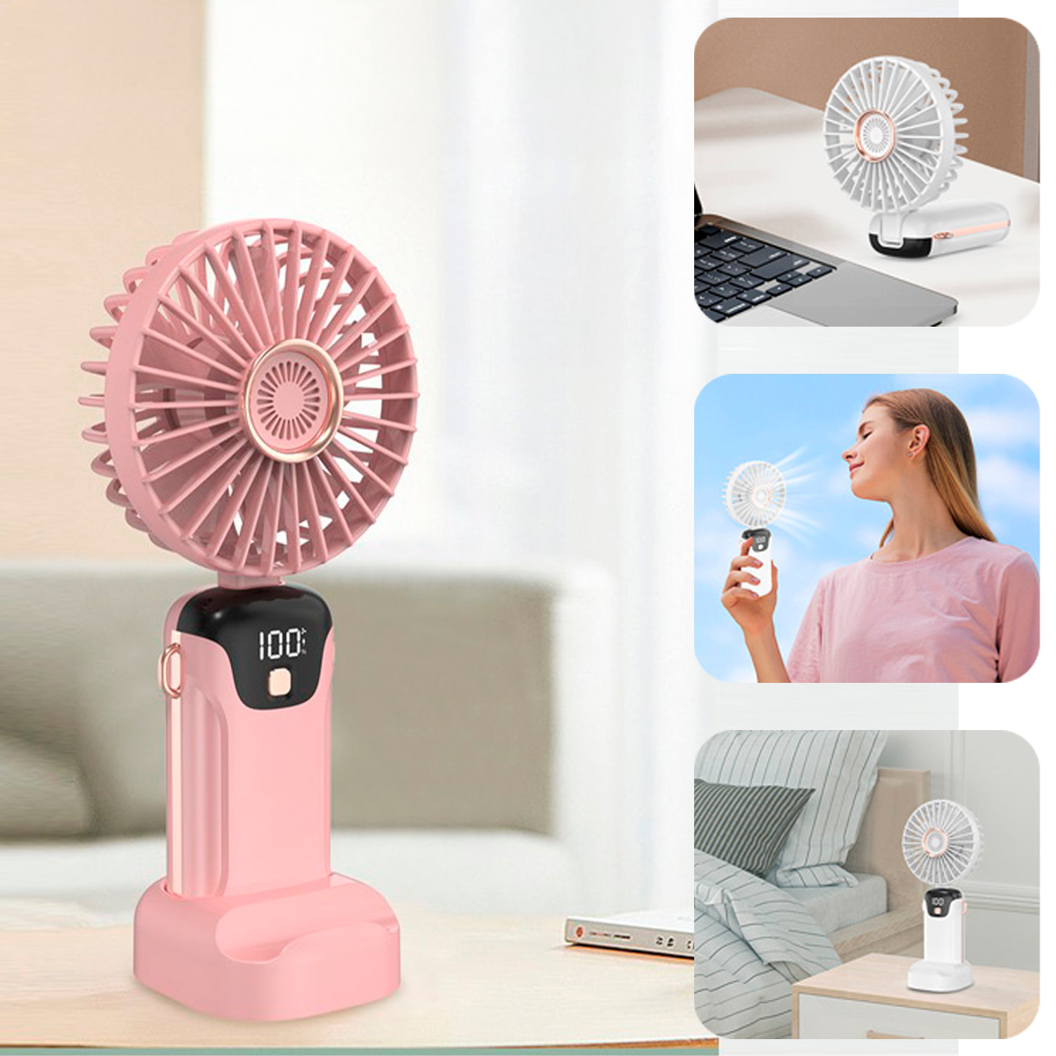 Mini ventilatore portatile con aromaterapia, schermo LED, 5 velocità, rotazione con angolo regolabile di 90° e batteria ricaricabile.