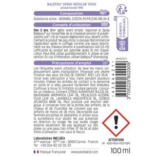 PEDIAKID - Balépou Spray - Action Répulsive contre les Poux - Huiles Essentielles BIO - Spray de 100ml - Lot de 3 produits